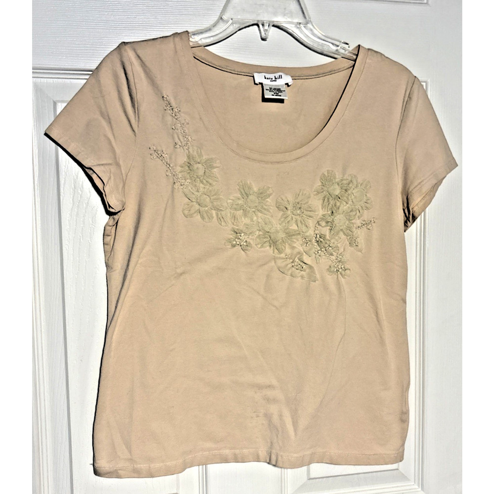 Kate Hill Tan Lined Cap Sleeve Embellished Mesh Floral Stretch Tee Petite M